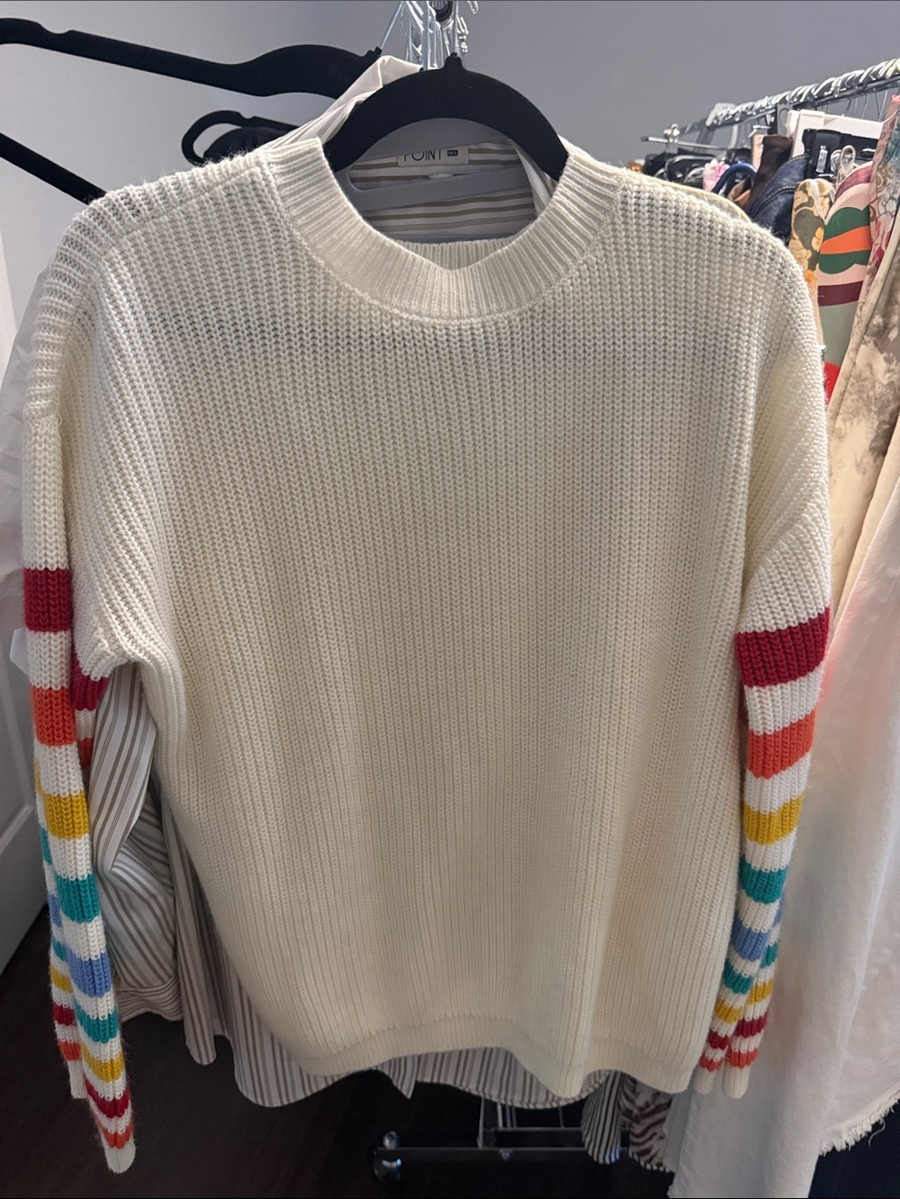 Sugarlips Cream Crewneck Sweater with Multicolor Striped Sleeves